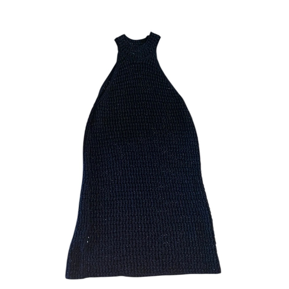 Mango Black Shimmer Halter Open Knit sheer Mini Dress Sleek Mini party Dress LBD - Picture 8 of 13